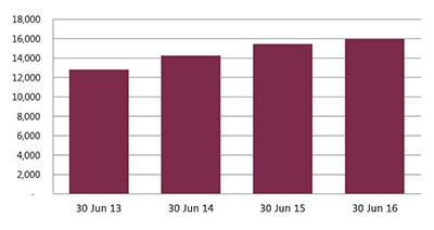 Bar chart:  12812 at 30 June 13,  14257 at 30 June 14, 15470 at 30 June 15, 15981 at 30 June 16