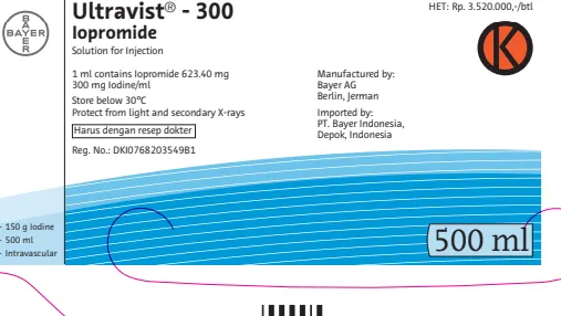 Picture of Ultravist 300 iopromide 311.7g/500ml (equivalent to 300 mg/1 ml of organically bound iodine) solution for injection (Indonesia)