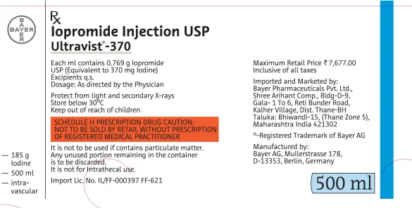 Picture of Ultravist 370 iopromide 384.5g/500ml (equivalent to 370 mg/1 ml of organically bound iodine) solution for injection (India)