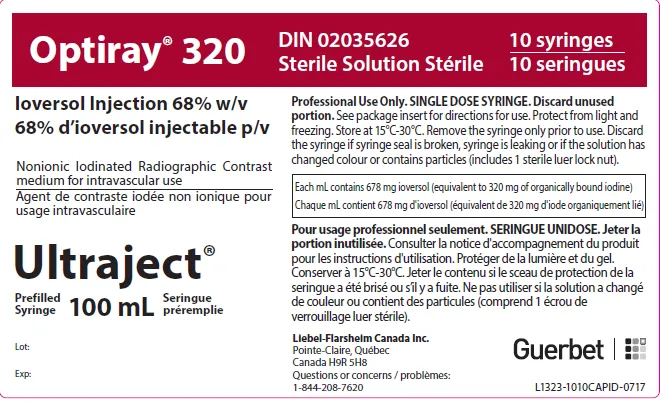 Picture of OPTIRAY 320 Ioversol 678mg/mL (equivalent to 320 mg of organically bound iodine) sterile solution for injection - 100 mL prefilled syringe (Canada) - carton label