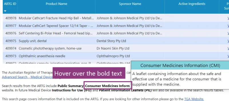 ARTG Search Home search results definitions on hover