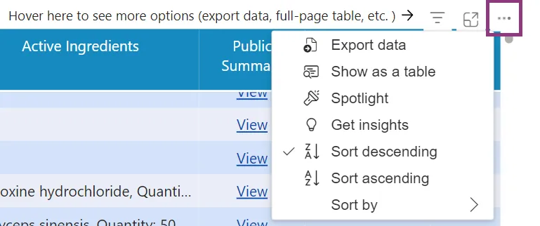 ARTG Search Home export data ellipsis icon