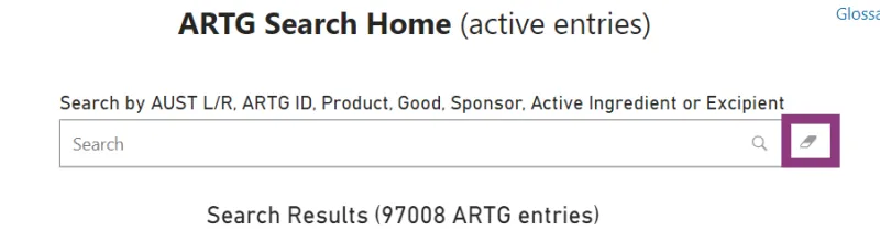 ARTG Search Home Search filed eraser focused