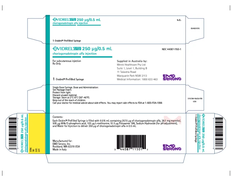 Picture of OVIDREL choriogonadotropin alfa 250 mcg / 0.5mL solution for injection pre-filled syringe - carton