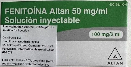 Picture of PHENITOIN 50mg/ml injection - carton over label