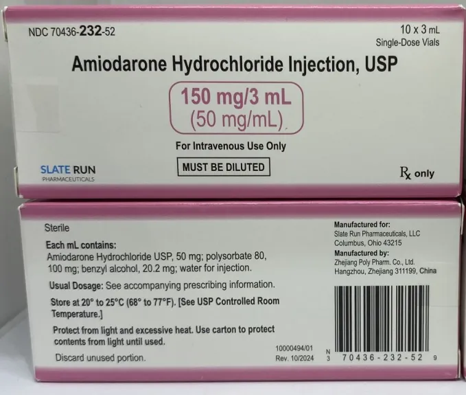 Picture of Amiodarone hydrochloride injection USP 150mg/3mL (50mg/mL) solution for injection single dose vials - carton