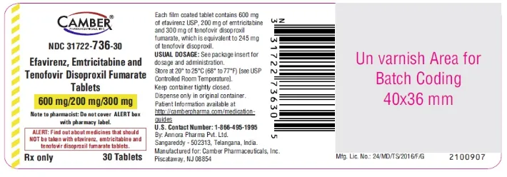 Picture of Efavirenz, Emtricitabine and Tenofovir Disoproxil Fumarate Tablets 600mg/200mg/300mg (Camber Pharmaceuticals, USA) - carton