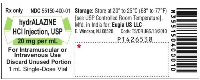 Picture of hydrALAZINE HCl Injection USP 20mg per mL - vial label