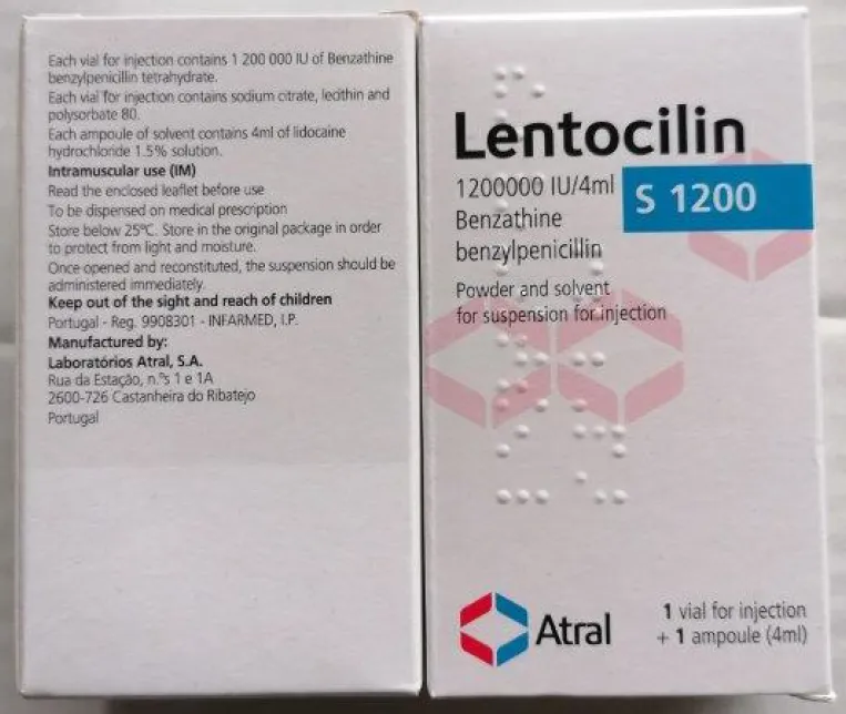 Picture of LENTOCILIN S 1200 benzathine benzylpenicillin 1200000 IU/4 mL powder and solvent for suspension for injection - carton