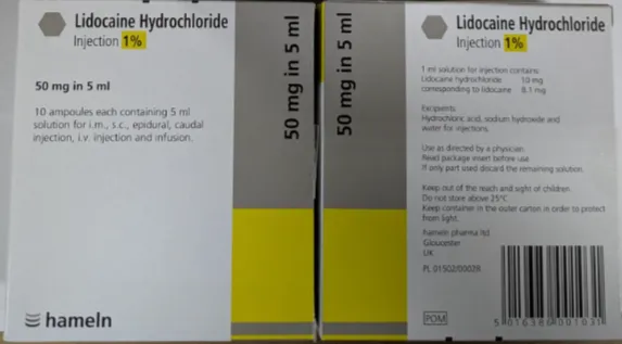 Picture of Lidocaine Hydrochloride Injection 1% 50mg/5mL ampoules  - carton