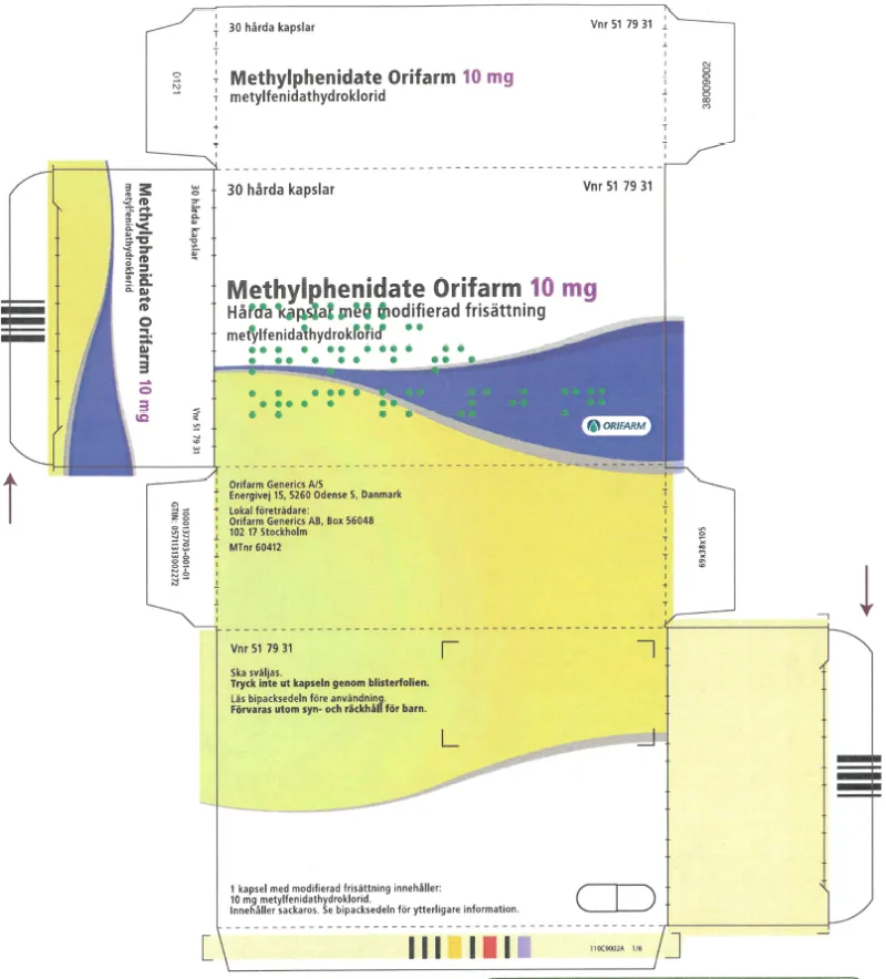 Picture of Methylphenidate Orifarm (methylphenidate hydrochloride) 10mg modified release hard capsules (Sweden) - carton