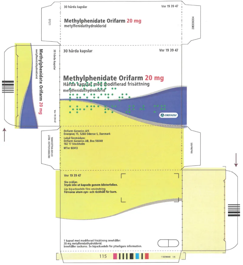 Picture of Methylphenidate Orifarm (methylphenidate hydrochloride) 20mg modified release hard capsules (Sweden) - carton