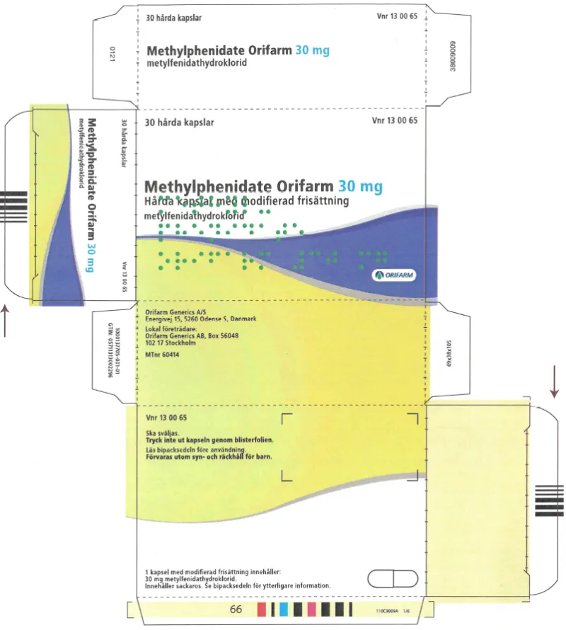 Picture of Methylphenidate Orifarm (methylphenidate hydrochloride) 30mg modified release hard capsules (Sweden) - carton