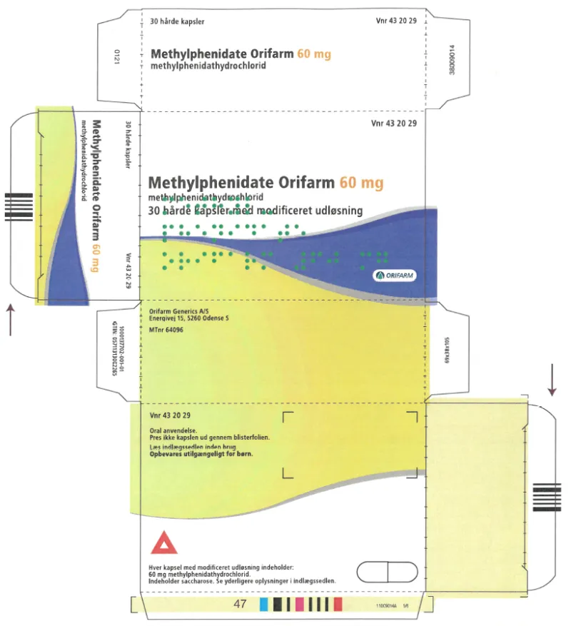 Picture of Methylphenidate Orifarm (methylphenidate hydrochloride) 60mg modified release hard capsules (Denmark) - carton