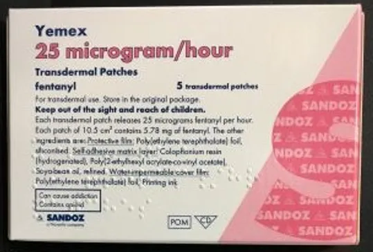 Picture of YEMEX fentanyl 25 microgram per hour transdermal patch - carton