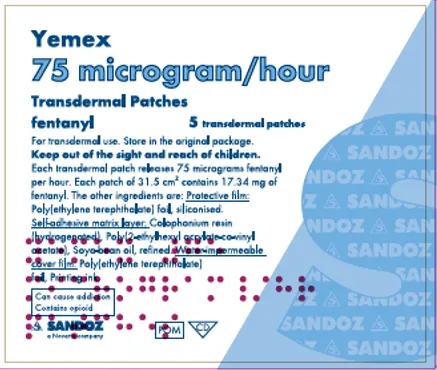 Picture of YEMEX fentanyl 75 microgram per hour transdermal patch - carton