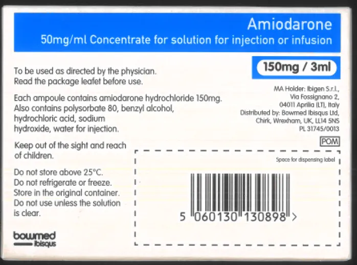 Picture of Amiodarone 150mg/3mL ampoule-carton back