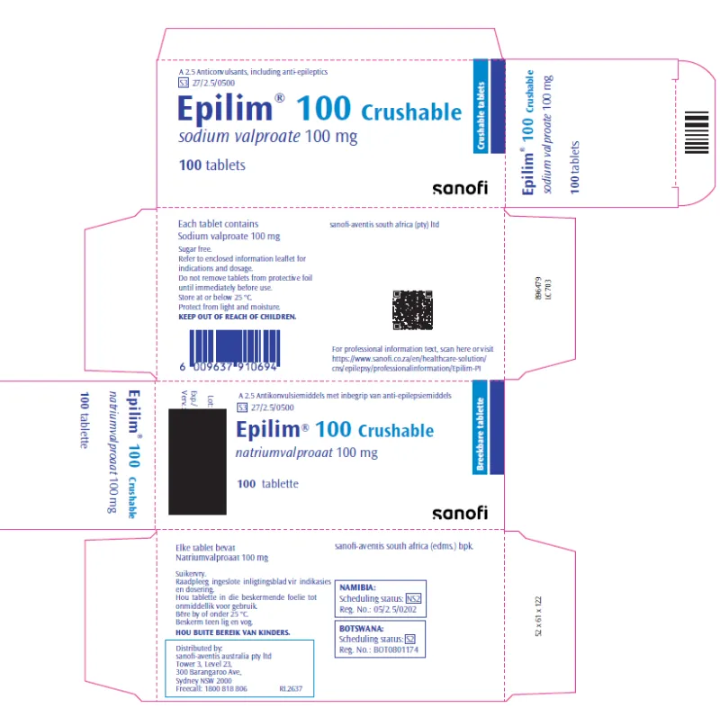 Picture of EPILIM sodium valproate 100mg crushable tablets - carton