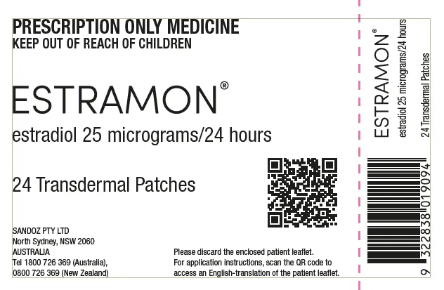 Picture of ESTRAMON estradiol 25mcg/24 hours patch carton - label