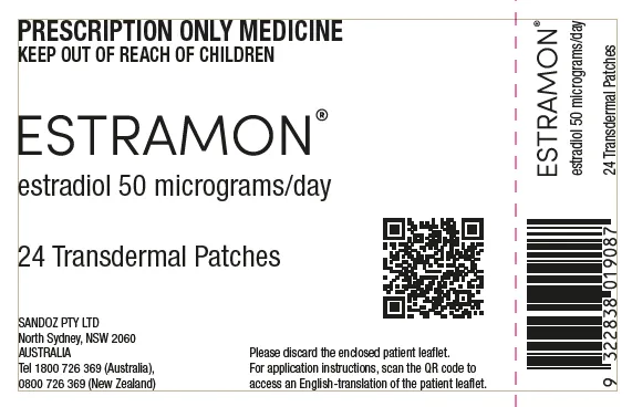Picture of ESTRAMON estradiol 50mcg/24 hours patch carton - label