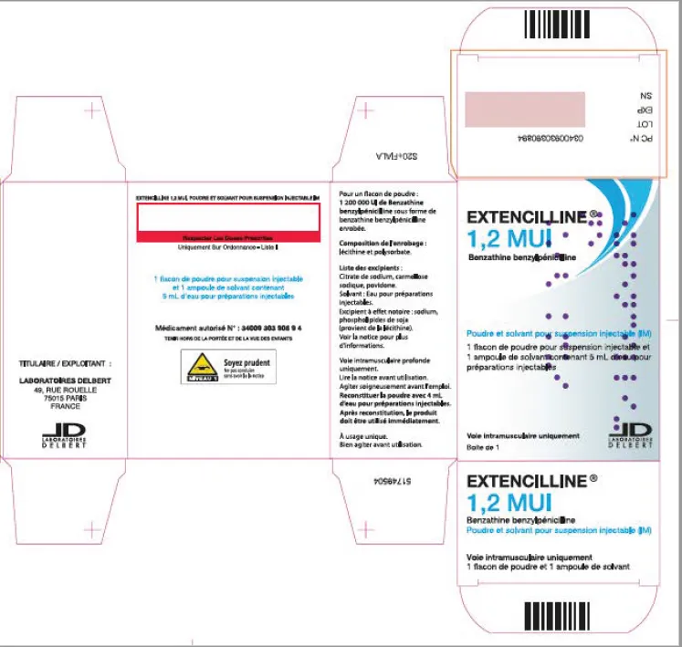 Picture of EXTENCILLINE benzathine benzylpenicillin 1.2 Million IU powder and solvent for suspension for IM injection - carton