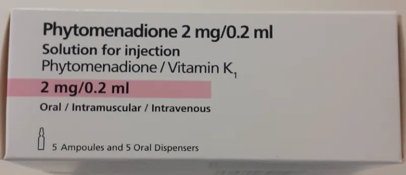 Picture of Phytomenadione (vitamin K) 2 mg/0.2 mL solution for injection ampoules - carton