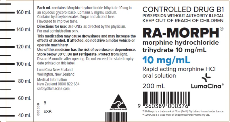 Picture of RA-MORPH morphine hydrochloride trihydrate 10mg/mL oral solution bottle label