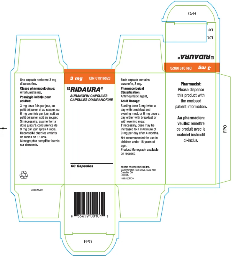 Picture of RIDAURA auranofin 3mg capsule pack of 60 - bottle label