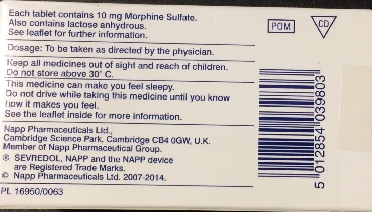 Picture of SEVREDOL morphine sulfate 10mg tablets - carton