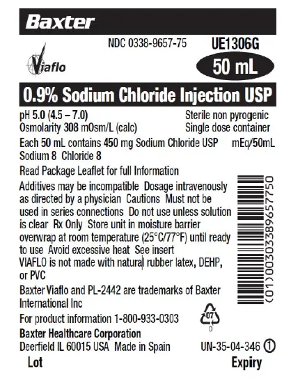 Picture of 0.9% Sodium chloride injection USP in VIAFLO plastic container 50mL - label