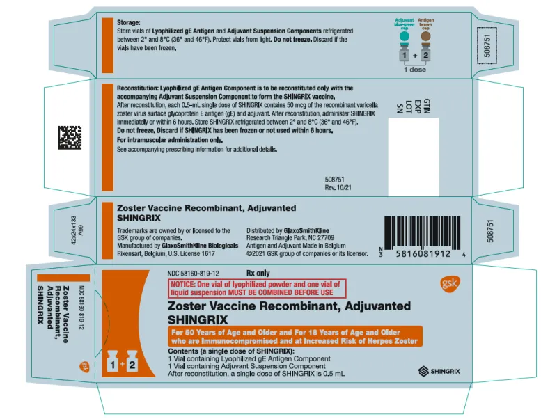 Picture of SHINGRIX Zoster Vaccine Recombinant, Adjuvanted powder vial and suspension vial for suspension for injection (GSK, USA)