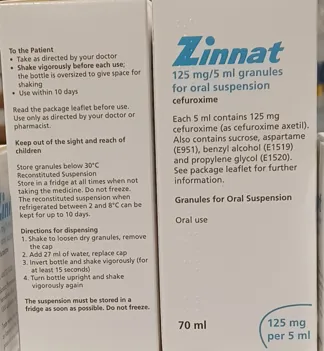 Picture of ZINNAT cefuroxime axetil 125 mg/5 mL granules for oral suspension (UK)