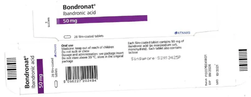 Picture of BONDRONAT ibandronic acid 50mg film coated tablets - carton back