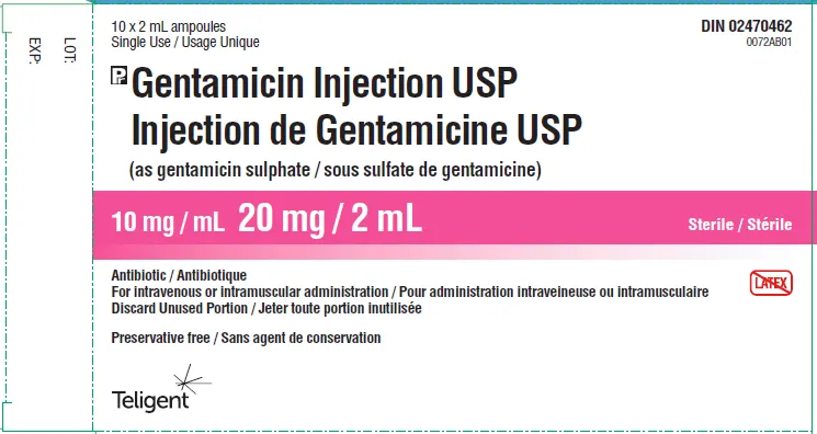 Picture of Gentamicin Injection USP 10mg/mL (20mg/2mL) (Teligent-OU) - carton