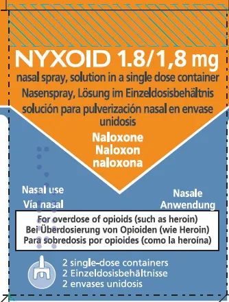 Picture of NYXOID naloxone 1.8mg nasal spray, solution in a single dose container (UK)
