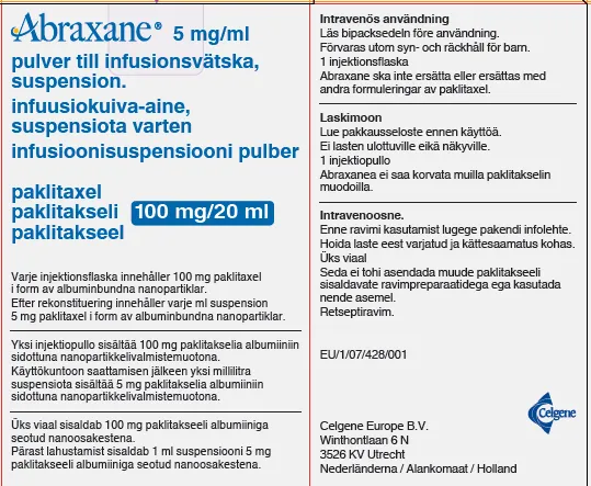Picture of ABRAXANE paclitaxel 100mg/20mL powder for injection (suspension) (Sweden) - carton label