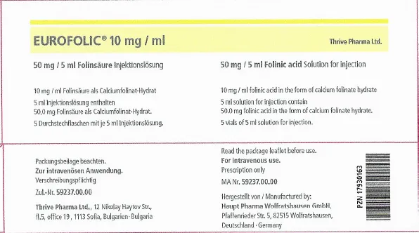 Picture of EUROFOLIC folinic acid 50mg/5mL solution for injection (Germany)