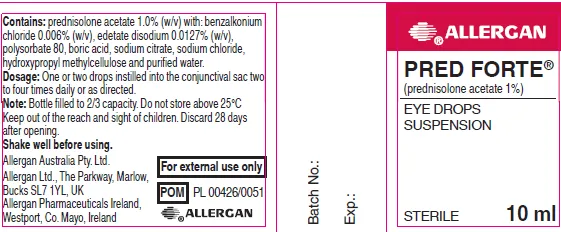 Picture of PRED FORTE Prednisolone acetate 10mg/mL eye drops 10mL (UK) - label