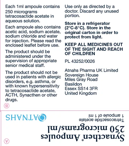 Picture of Synacthen tetracosactide 250mcg/mL solution for injection (UK) - carton label