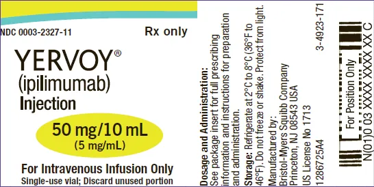 Picture of Yervoy ipilimumab 50mg/10mL injection (USA) - vial label