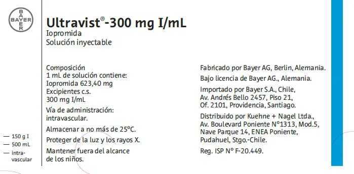 Picture of ULTRAVIST 300 iopromide 311.7g/500mL (equivalent to 300 mg/1 mL of Iodine) solution for injection (Chile)