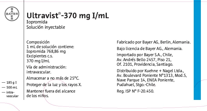 Picture of ULTRAVIST 370 iopromide 384.5g/500mL (equivalent to 370 mg/1 mL of Iodine) solution for injection (Chile)