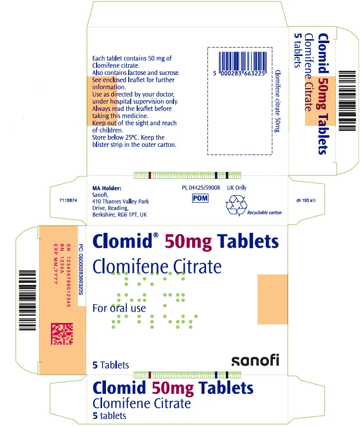 Picture of Clomid clomifene citrate 50mg tablets - carton