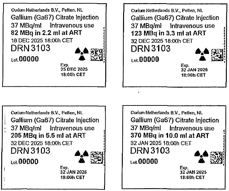 Picture of Curium Gallium (Ga-67) citrate 37 MBq/ml solution for injection - vial labels