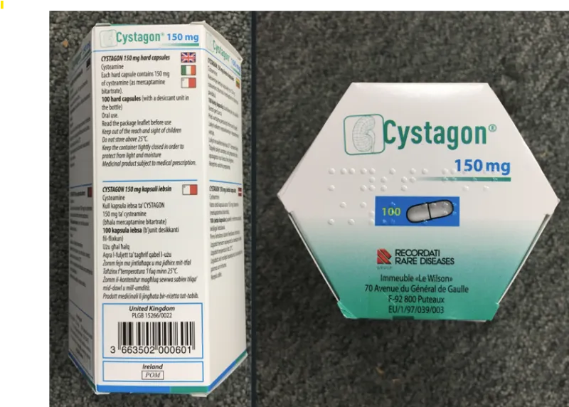 Picture of CYSTAGON cysteamine 150mg hard capsules - carton