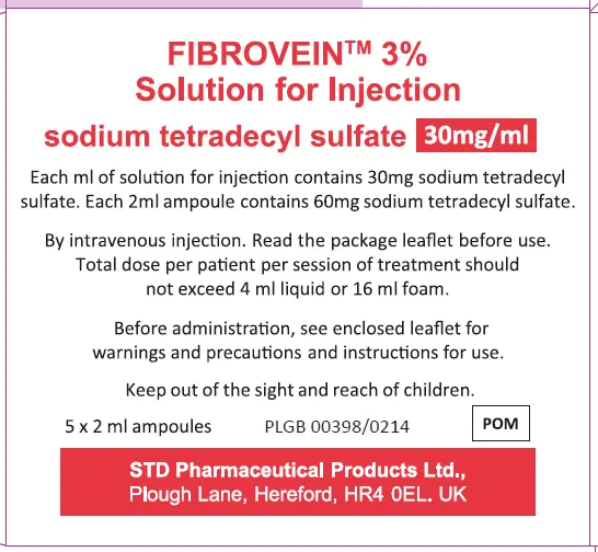 Picture of FIBROVEIN 3% sodium tetradecyl sulfate 30mg/mL solution for injection ampoules - carton