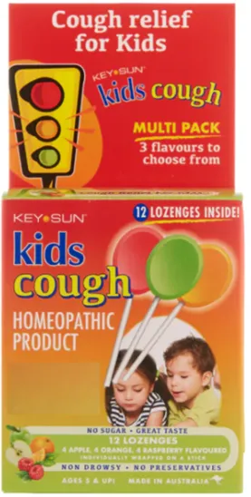 Photo of packaging for Key Sun Kids Cough Homoeopathic Product Multi Pack 12 lozenges