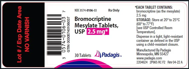 Picture of Bromocriptine Tablets USP 2.5mg - bottle label