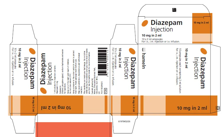 Picture of Diazepam injection, 10mg in 2mL ampoules  - carton label