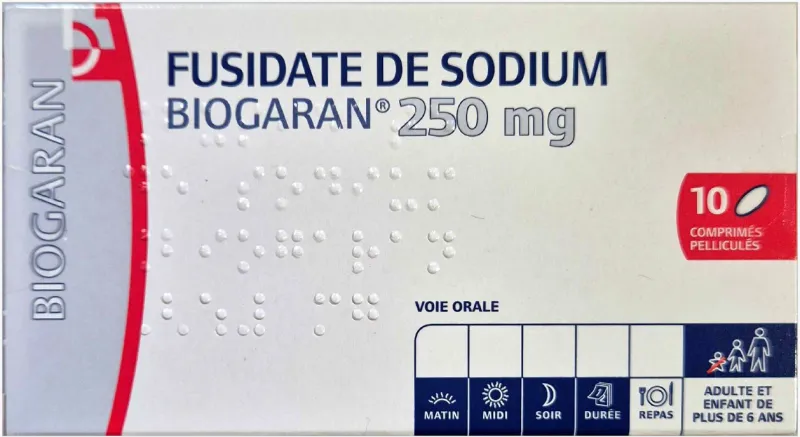 Picture of BIOGARAN sodium fusidate 250mg film-coated tablets carton - front
